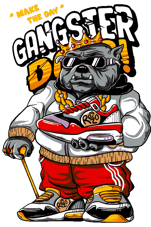 Urban Pets & Bad Boy Primates Diseño vectorial de bulldog inglés gangster con corona, cadenas de oro y zapatilla coleccionable.