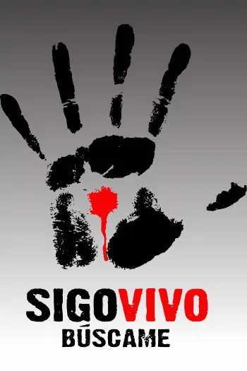 Diseño vectorial de huella de mano con gota roja, texto 'Sigo Vivo Búscame
