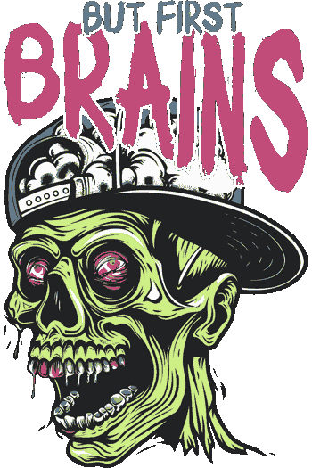 Calavera zombie verde con gorra snapback, cerebro expuesto, ojos rosados y dientes sangrientos