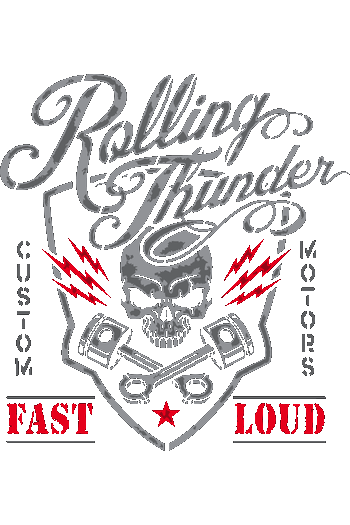 Ilustración vectorial estilo biker con calavera, pistones cruzados y texto Rolling Thunder Custom Motors.