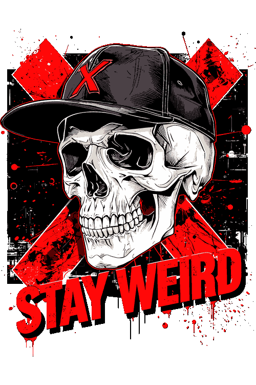 Vectores Horror Glam, Streetwear Cyberpunk Ilustración vectorial de cráneo con gorra plana, fondo de cruz roja y texto Stay Weird.