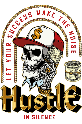 Diseño vectorial de calavera urbana con gorra hablando por teléfono de dólares y frase Hustle in Silence.