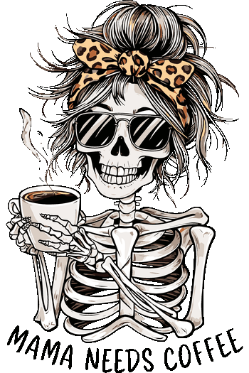 Esqueletos Temáticos BEY Streetwear Diseño vectorial de calavera femenina con gafas de sol, moño de leopardo y taza de café.