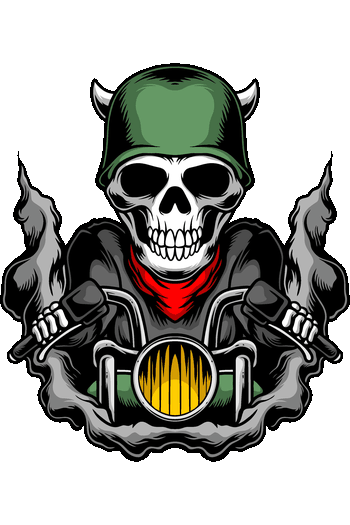 Esqueletos Temáticos BEY Streetwear Ilustración vectorial de una calavera manejando motocicleta con casco y humo.