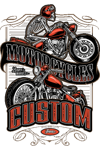 Ilustración vectorial estilo vintage de un esqueleto conduciendo una motocicleta custom con casco rojo.