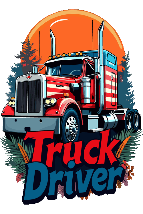 Ilustración vectorial de tractocamión americano clásico al atardecer con texto Truck Driver.