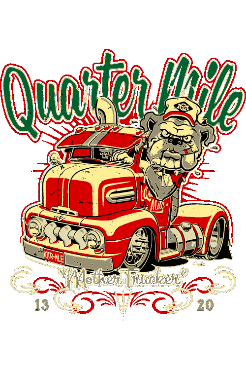 Ilustración vectorial de camión clásico rojo conducido por un bulldog con pipa y texto Mother Trucker.