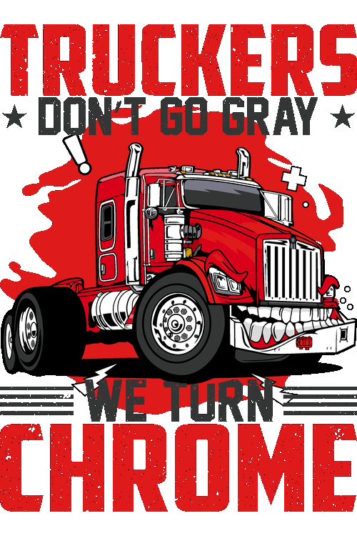 Diseño vectorial de camión rojo animado con dientes y frase sobre camioneros y cromo.