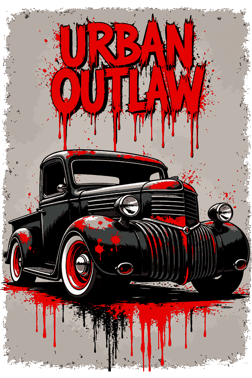 Heavy Trucks, Classic Pickups Monster Beetle Diseño vectorial de camioneta pickup clásica negra salpicada de rojo con texto Urban Outlaw.