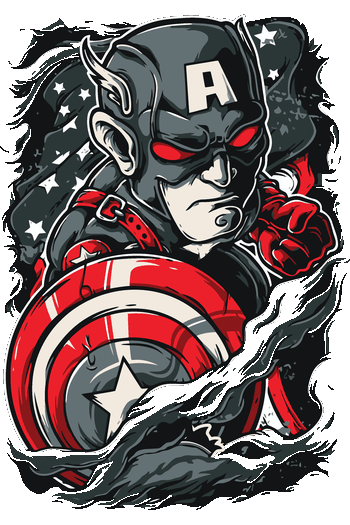 Super héroes Oscuros Gráfico de Capitán América enojado con escudo y ojos rojos en estilo cómic grunge para indumentaria.