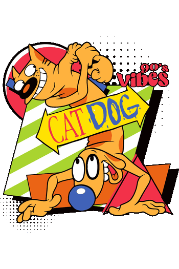 Ilustración vectorial de la caricatura CatDog con estilo abstracto noventero y texto 90s Vibes.