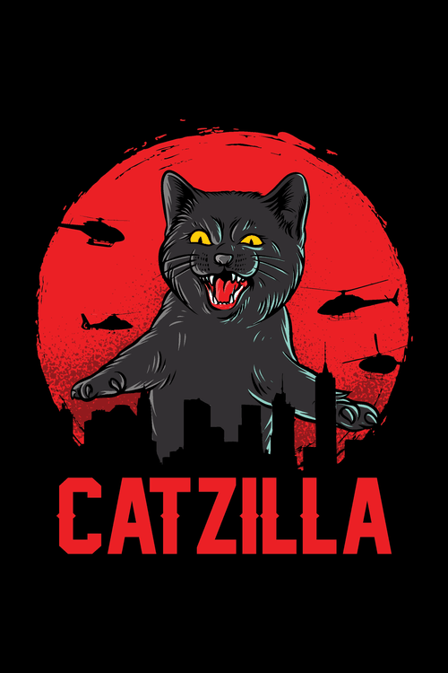 Breakdance Panda Catzilla Kaiju & Graffiti Panda Diseño vectorial de gato negro gigante Catzilla atacando la ciudad con sol rojo.