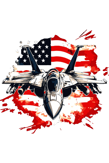 Fuerza y Honor - Military Aviation Collection Vector de avión caza militar F-15 de frente con bandera de Estados Unidos estilo splash para estampado.