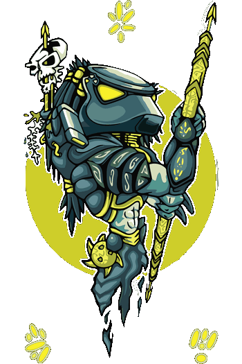 Ilustración vectorial de un cazador alienígena con máscara y lanza en estilo estilizado sobre fondo amarillo circular.