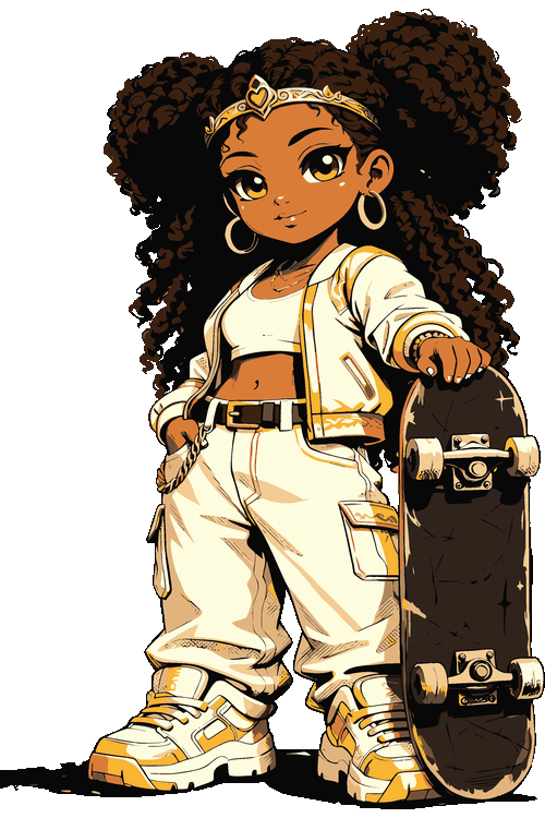Ilustración vectorial de niña skater estilo chibi afro con patineta y ropa urbana.