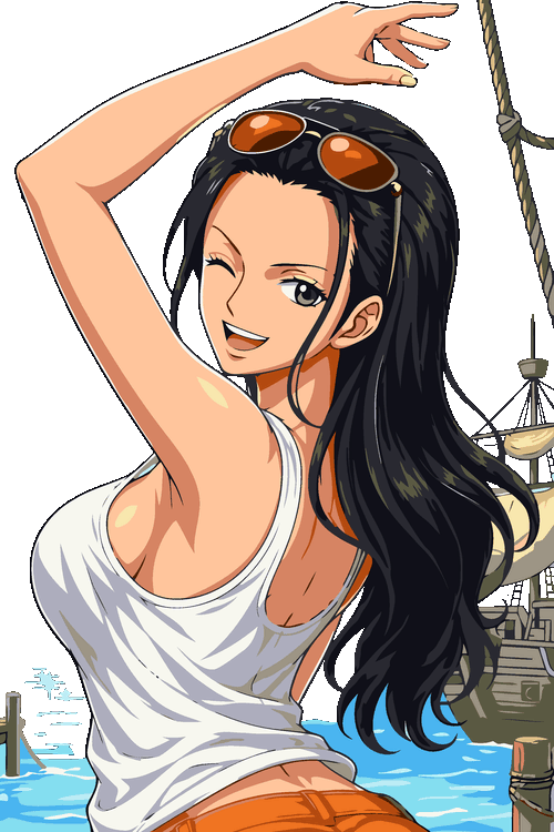 Ilustración vectorial de chica anime coqueta de cabello negro con top blanco y shorts naranjas guiñando un ojo.