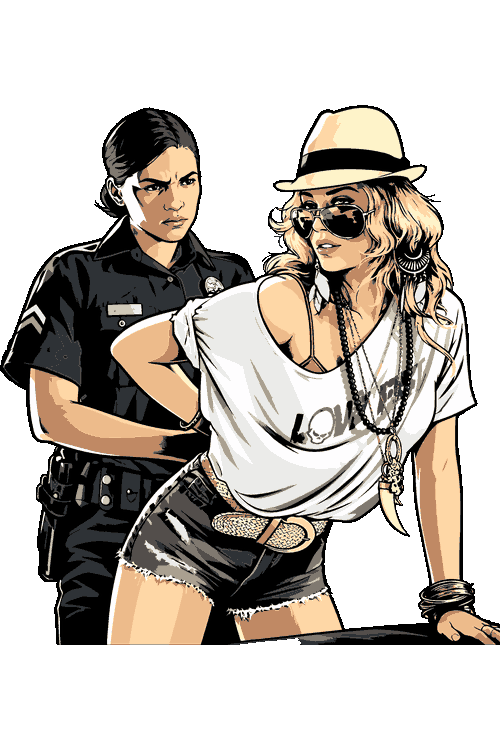 Gaming Street Art San Andreas Rottweiler Police Arrest Ilustración vectorial estilo arte gamer de una oficial de policía arrestando a una chica con sombrero.