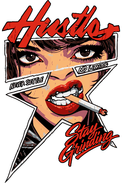 Diseño vectorial de estilo cómic de chica con actitud, cigarrillo y texto Hustler Stay Grinding.