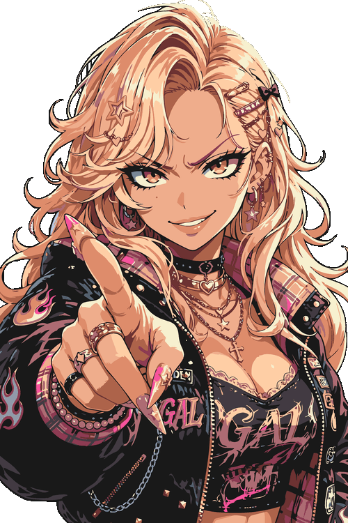 Ilustración vectorial de chica estilo Gyaru rubia con chaqueta de llamas señalando con el dedo y mirada desafiante.