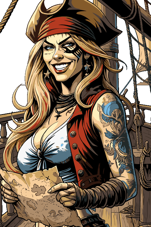 Diseño vectorial de mujer pirata rubia sosteniendo un mapa con sonrisa fingida y sombrero.