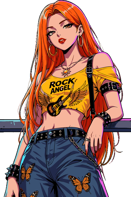 Action Biker Chase, Rock Angel Boss Ilustración vectorial de chica pelirroja con top amarillo Rock Angel y actitud de jefa.