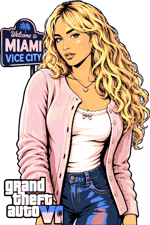 Gaming Street Art San Andreas Rottweiler Police Arrest Ilustración vectorial de chica rubia frente al cartel de Welcome to Miami Vice City estilo Grand Theft Auto VI.