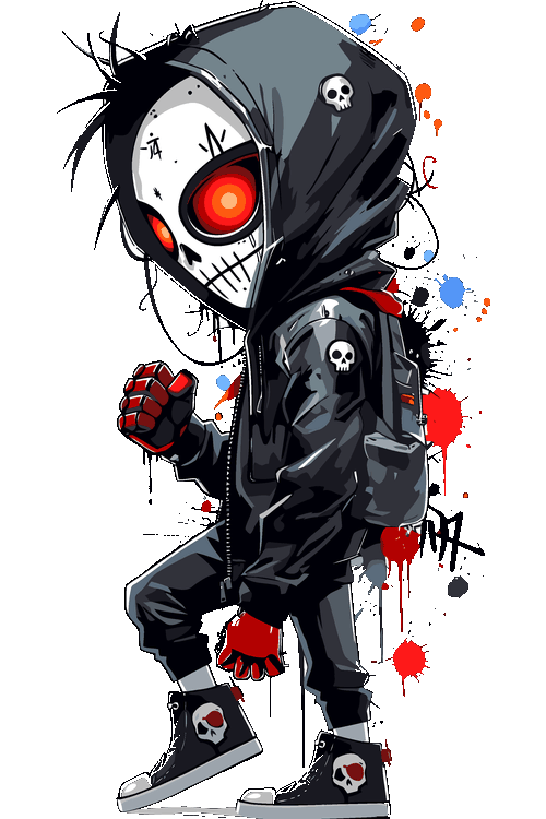 Vectores Chaos Rabbit, Cyber Panda Techwear Ilustración vectorial de personaje con máscara de calavera, sudadera negra con capucha y mochila.
