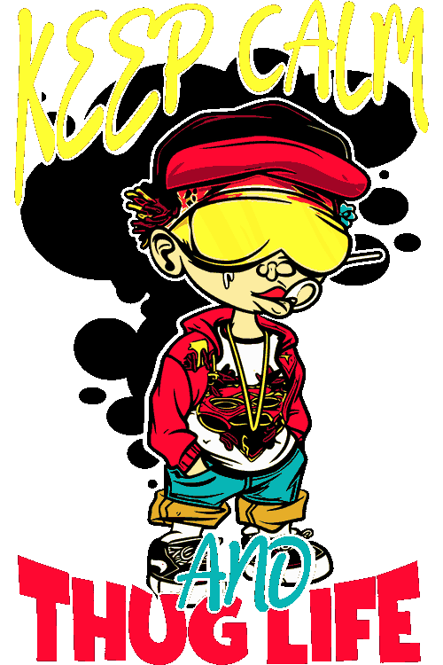 Ilustración vectorial de personaje urbano con gafas amarillas, polerón rojo y texto Keep Calm and Thug Life