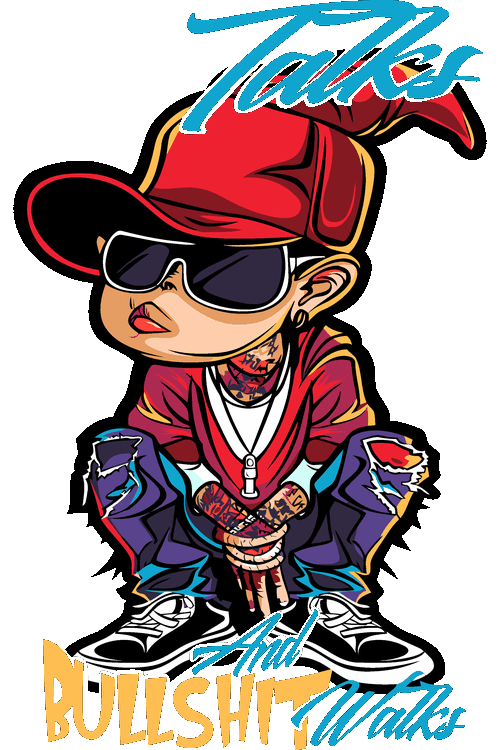 Ilustración vectorial de personaje urbano en cuclillas con gafas oscuras, gorra roja y texto Money Talks.