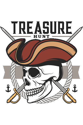 Gráfico vectorial de calavera pirata con sombrero de tres picos, espadas cruzadas y texto Treasure Hunt.