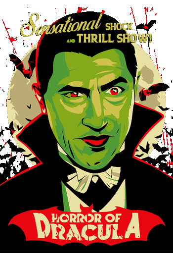 Diseño de cartel de cine clásico de Drácula con vampiro verde y murciélagos para estampado textil retro.