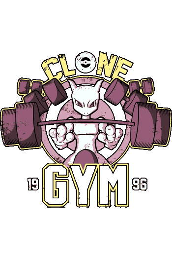 GYM W Vector Mewtwo levantando barra estilo badge universitario tipografía Clone Gym 1996 Pokeball