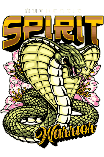 Ilustración vectorial de una serpiente cobra verde erguida frente a flores de cerezo rosadas con letras en relieve para camisetas.