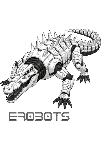 Cyber-Beasts & Mecha Robots Ilustración vectorial de un cocodrilo cibernético articulado en escala de grises.