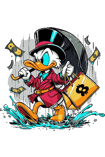 Vector de Scrooge McDuck con sombrero y paraguas, lluvia de billetes, bolsa de dinero amarilla