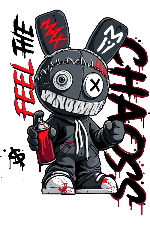 Vectores Chaos Rabbit, Cyber Panda Techwear Ilustración vectorial de conejo voodoo de trapo con lata de spray y texto Feel The Chaos.
