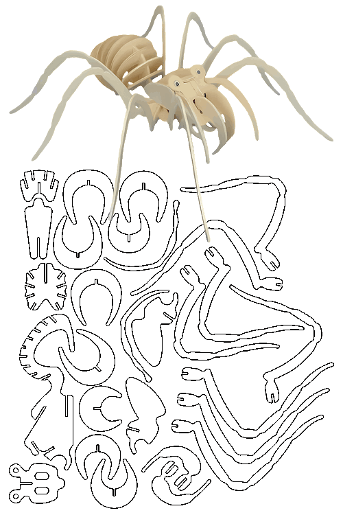 Plano de corte láser para maqueta 3D de araña gigante estandarizado para material de 3 mm.