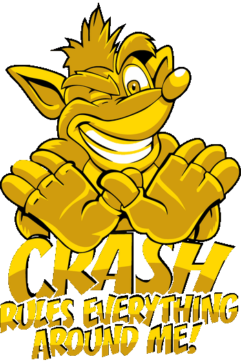 Crash Mystery Diseño vectorial monocromático amarillo de Crash Bandicoot con texto Crash Rules Everything Around Me.