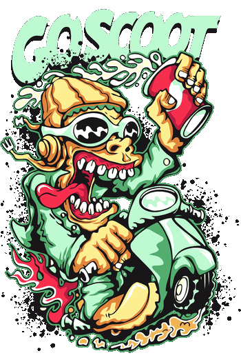 Vector de monstruo loco conduciendo motoneta con texto Go Scoot para estampado de ropa streetwear.
