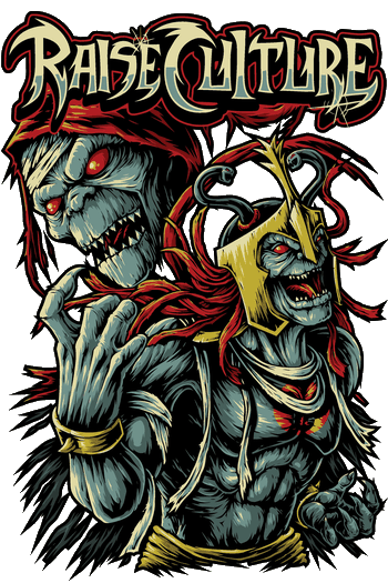 Dark Culture Ilustración de dos criaturas demoníacas con estilo heavy metal, ojos rojos y detalles agresivos, acompañadas del texto “Raise Culture”.