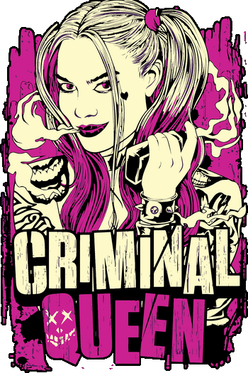 LOS REBELDES Ilustración de Harley Quinn estilo pop grunge con texto Criminal Queen en fondo fucsia.