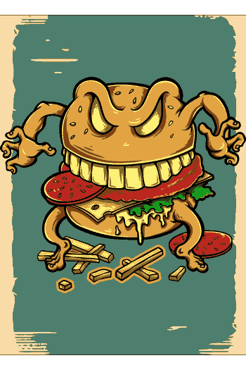 Ilustración vectorial de una hamburguesa de comida rápida con aspecto de monstruo de terror
