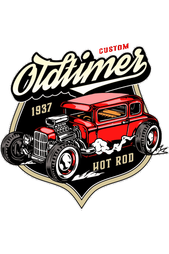 Muscle Cars, Lowriders y Hot Rods Emblema vectorial retro de coche clásico hot rod rojo de 1937 modificado con motor expuesto saliendo humo de las ruedas y texto Custom Oldtimer
