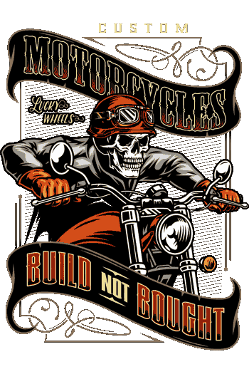 Calavera con goggles y guantes, moto custom, banner 'Build Not Bought
