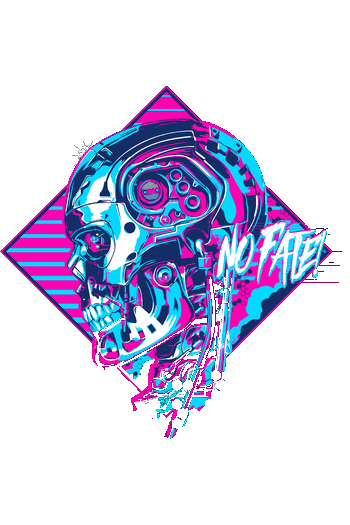 Iconicos Cyber Diseño gráfico vectorial de un cráneo robot cyberpunk en colores cian y fucsia con el texto 'No Fate'.