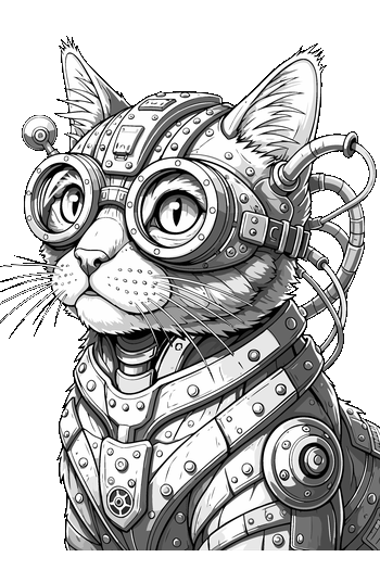Ilustración vectorial estilo line art de un gato con antiparras y armadura cibernética futurista.