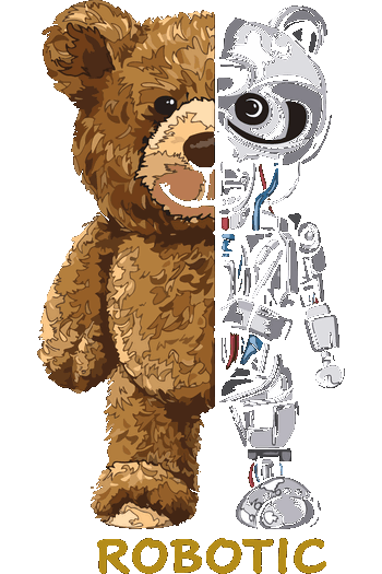 Diseño vectorial de un oso de peluche dividido a la mitad con cuerpo de robot metálico y la palabra Robotic.