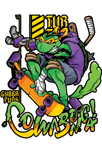 Vector de tortuga ninja estilo cyberpunk con patineta y graffiti para estampado de remeras.