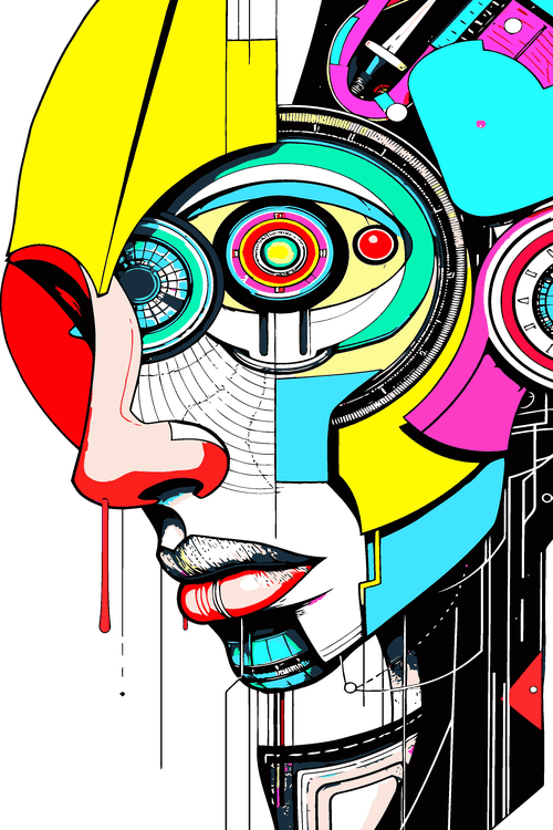 Diseño vectorial de rostro cyborg de perfil con elementos mecánicos y colores primarios.