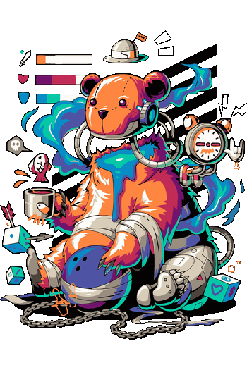 Diseño vectorial de un oso robótico estilo mecha ciborg con interfaz de videojuego y elementos futuristas.